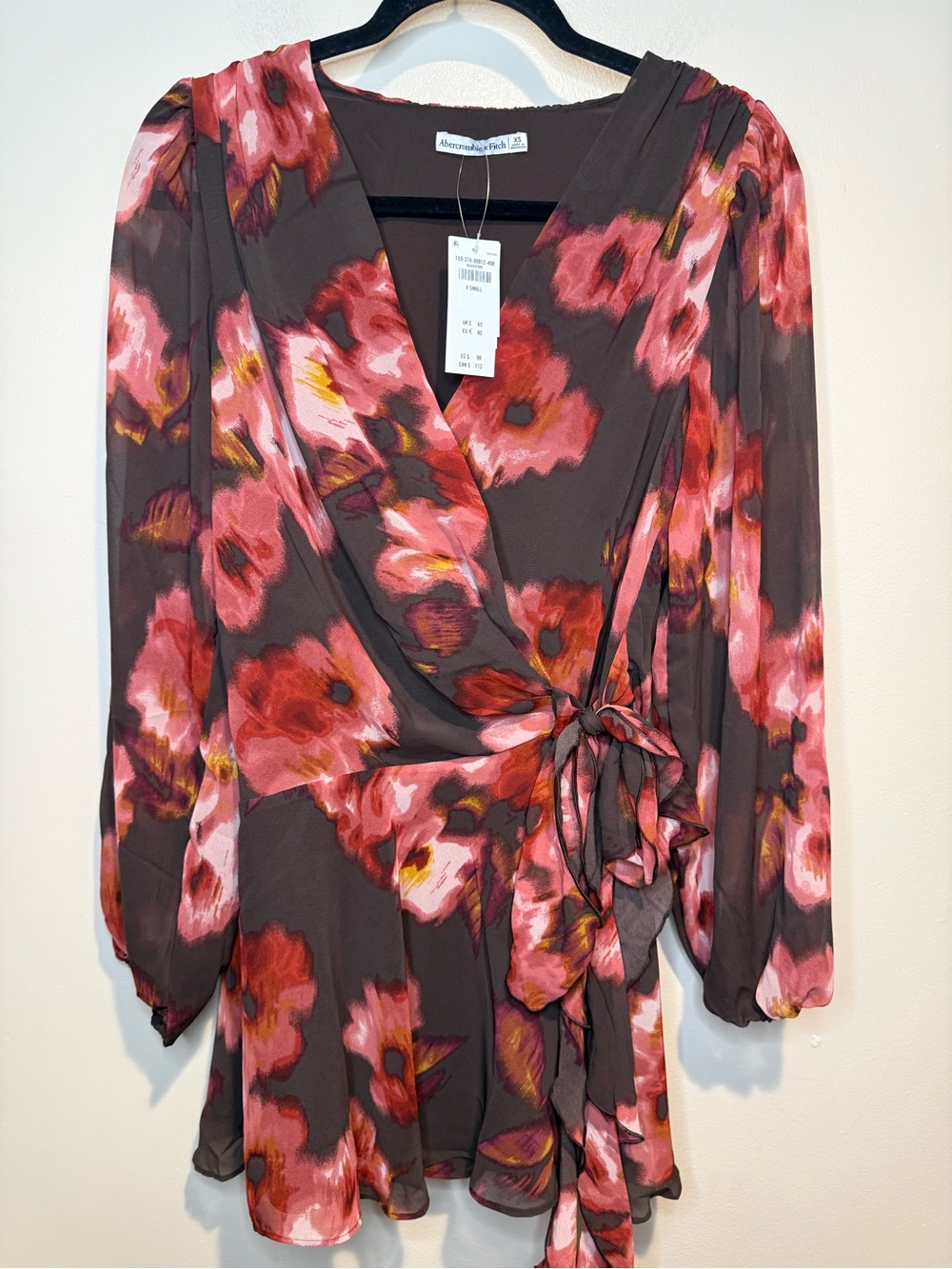 Abercrombie and Fitch Long-Sleeve Plunge Wrap Mini Dress Brown Floral NEW - Picture 5 of 15